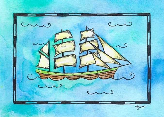Ship No. 2 - Brig - Original 5" x 7" Watercolor Sailing Ship Painting