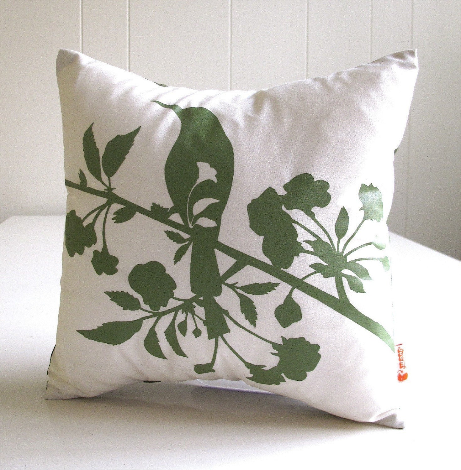 SALE Olive Green Print on Off white Blooming Blossom-Mini 10.5 Inches Square Pillow