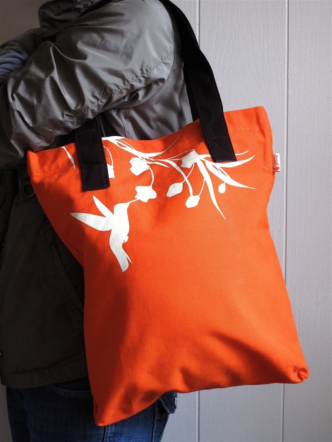 SALE Orange Hummingbird with Eucalyptus Shoulder Tote Bag