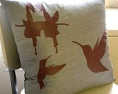 SALE Smoke Grey Hummingbird and Fuchsia Pillow 18 Inches Square