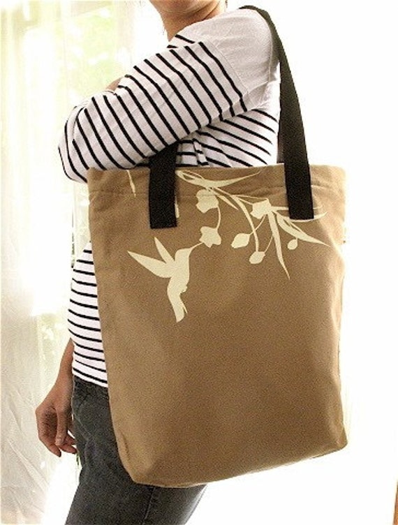 SALE Tan Hummingbird with Eucalyptus Shoulder Tote Bag
