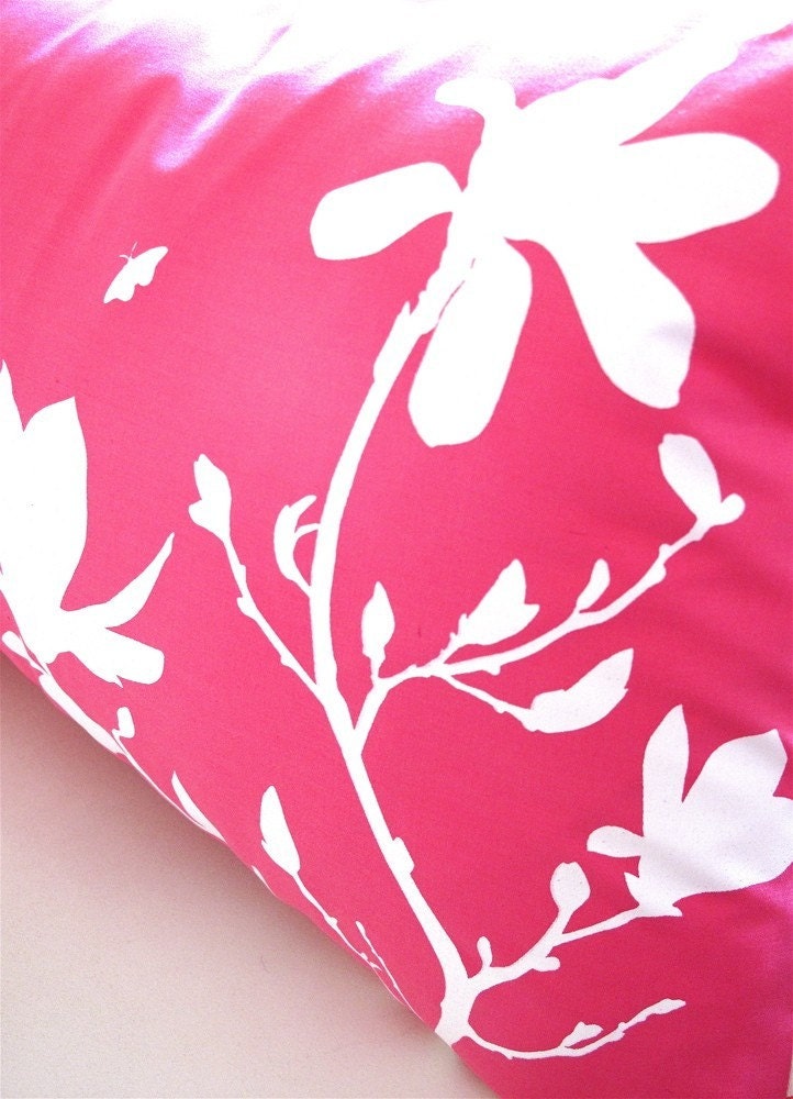 Hot Pink Magnolia and Butterfies Rectangle Pillow