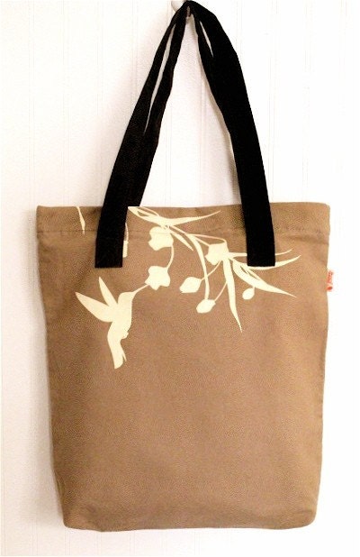 SALE Tan Hummingbird with Eucalyptus Shoulder Tote Bag