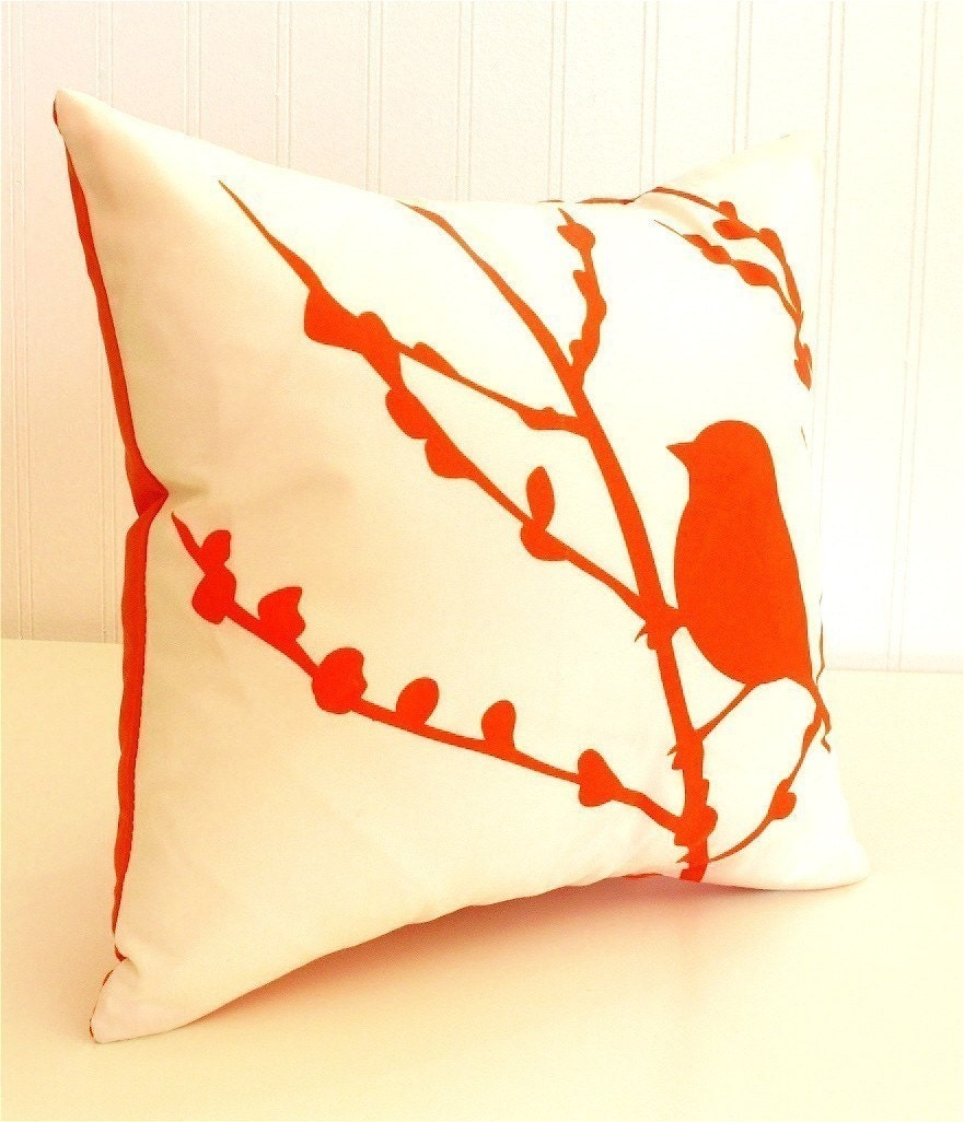 Orange Print on White Cotton Bird on Cherry Blossom - Mini 10.5 Inches Square Pillow