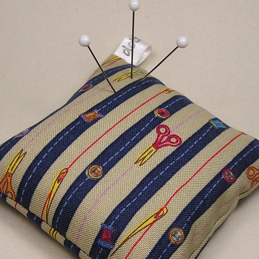 Large Emery Pincushion / Pin Cushion - Navy and Tan Striped with Sewing Motifs