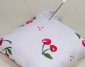 Emery Pincushion / Pin Cushion -  Keeps Pins Sharp - Kitsch Cherries on White