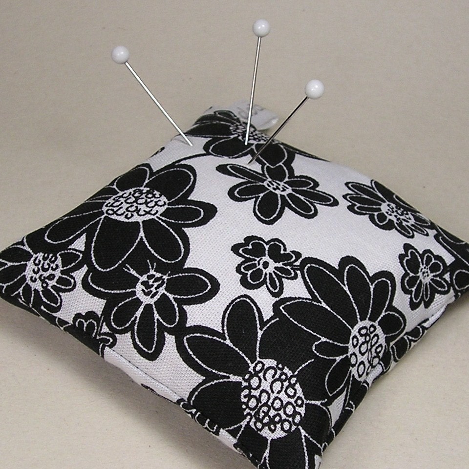 Large Emery Pincushion / Pin Cushion - Black White Floral