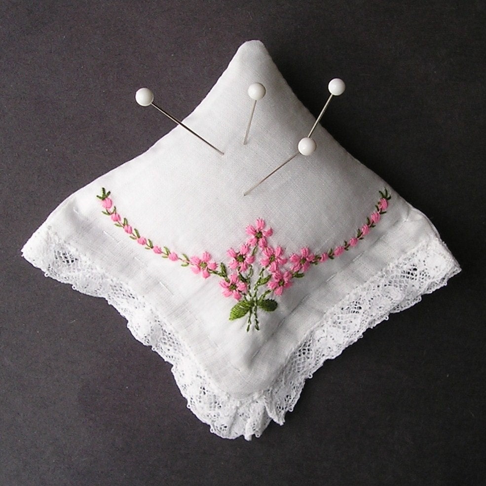 Emery Pincushion - Vintage Handkerchief - Pink Daisies