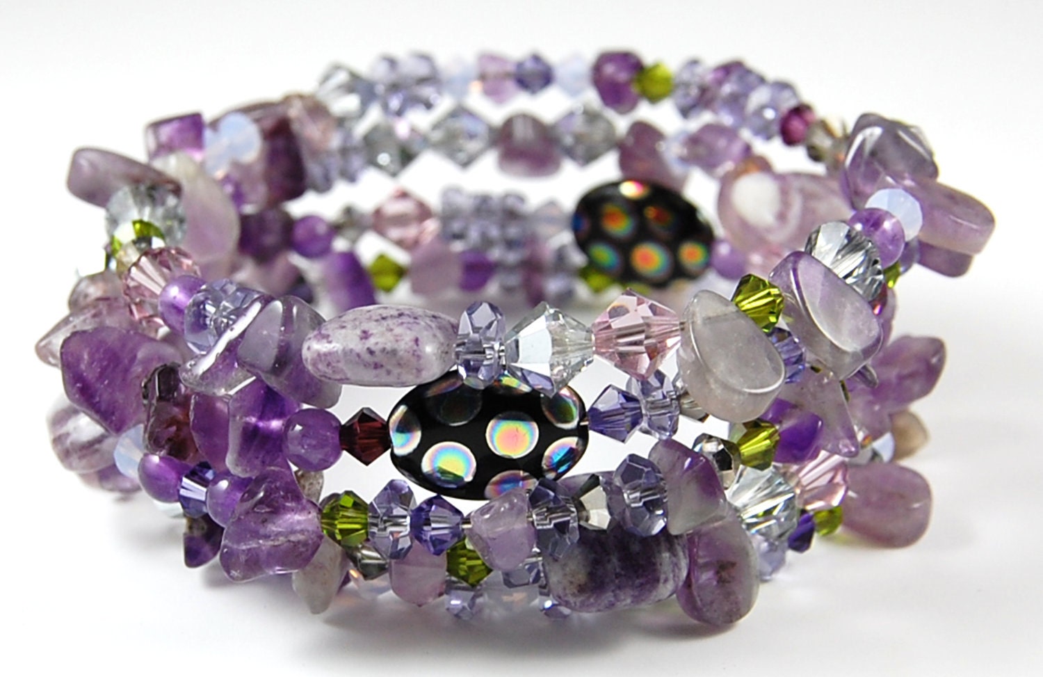Multi-strand Bracelet - Swarovski Crystals, Amethyst and Peacock Beads - Purple with a Touch of Green