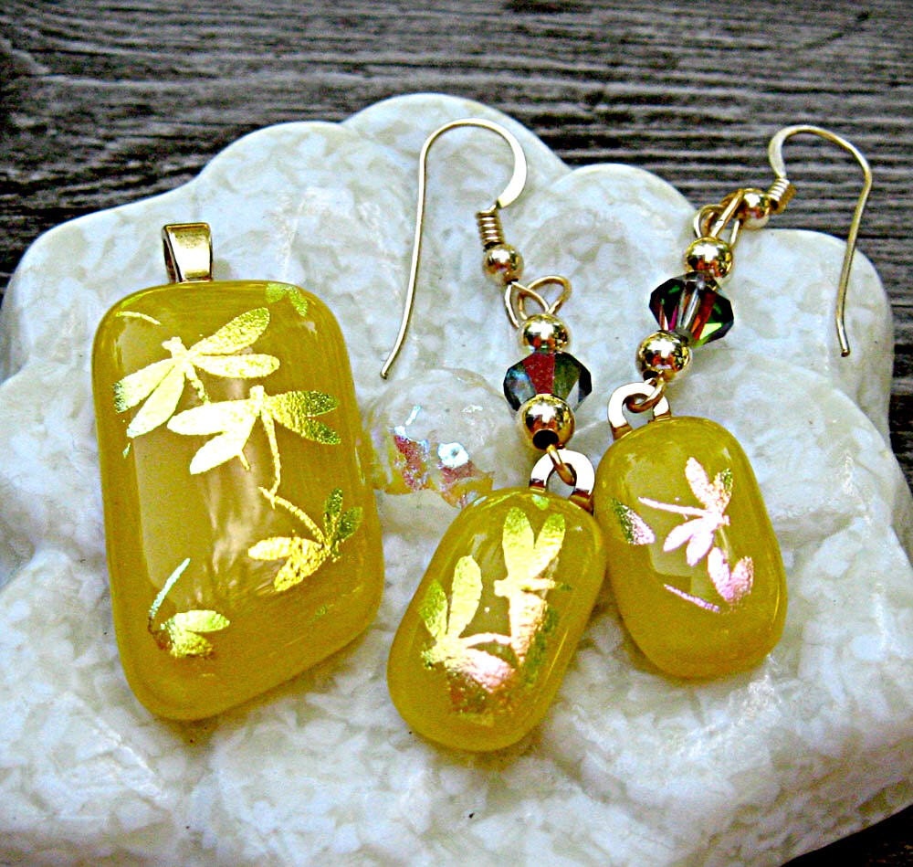 Fused Dichroic Glass Pendant and Earrings - Yellow With Dichroic Dragonflies Set