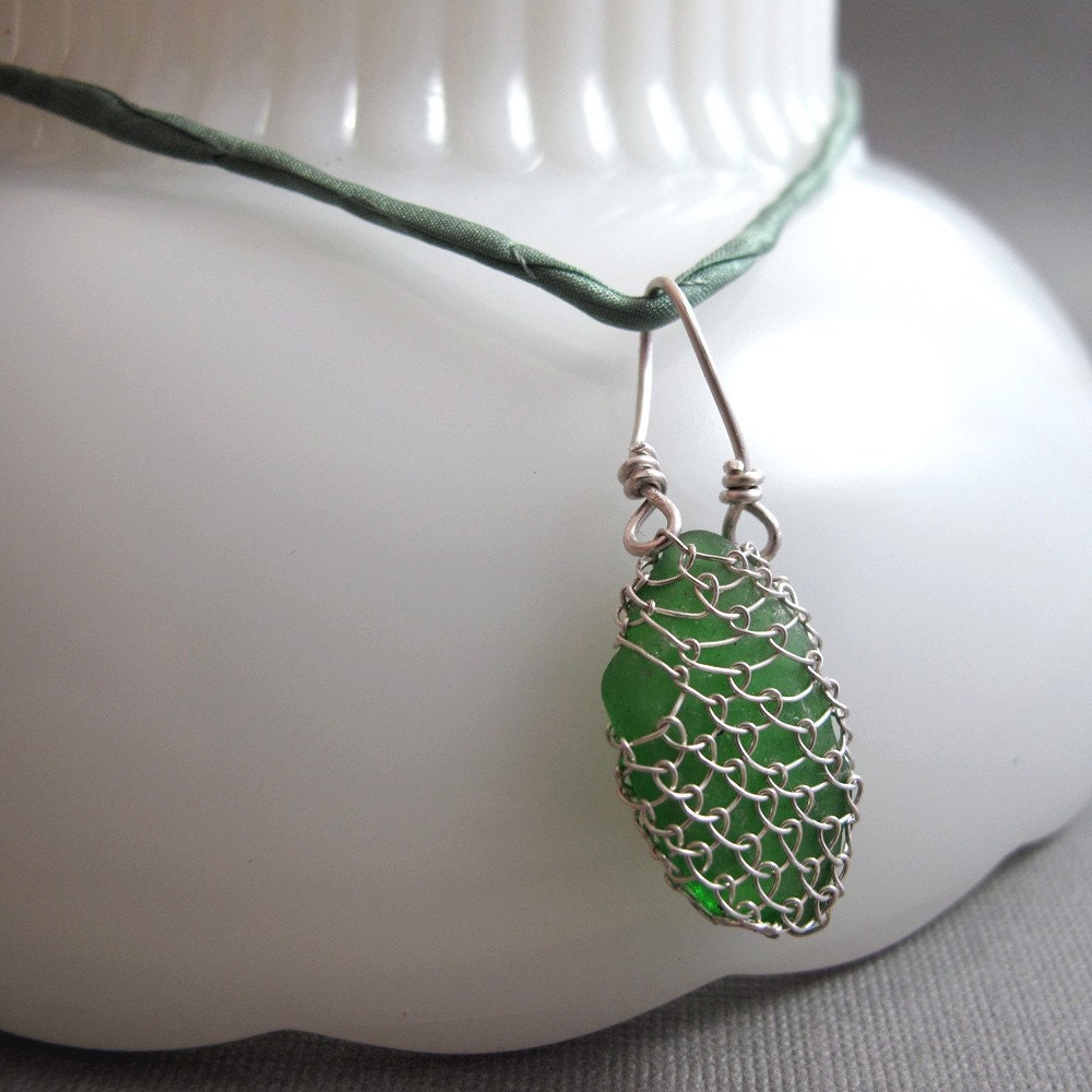 Netted Sea Glass Necklace - Silver, Silk, and Glass