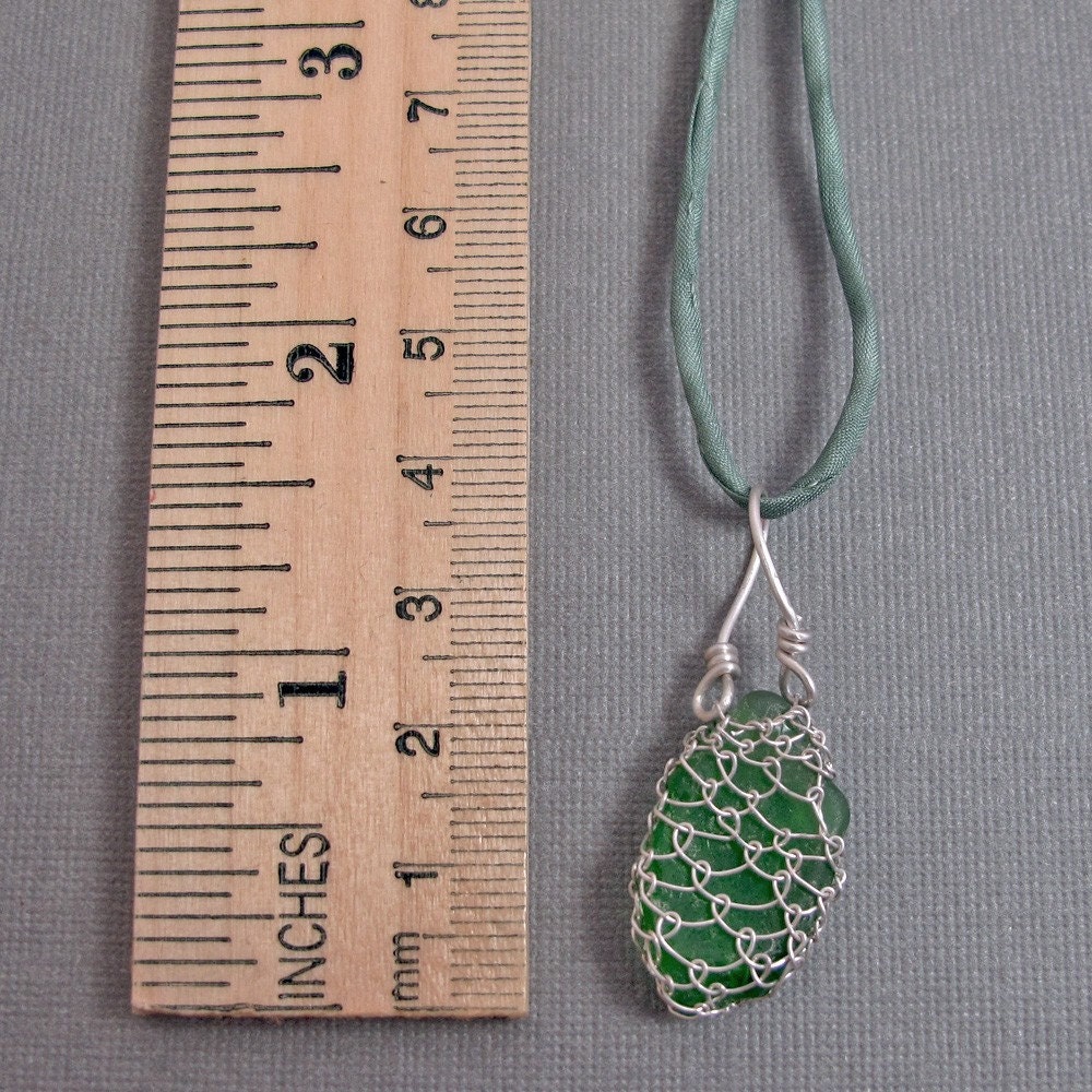 Netted Sea Glass Necklace - Silver, Silk, and Glass