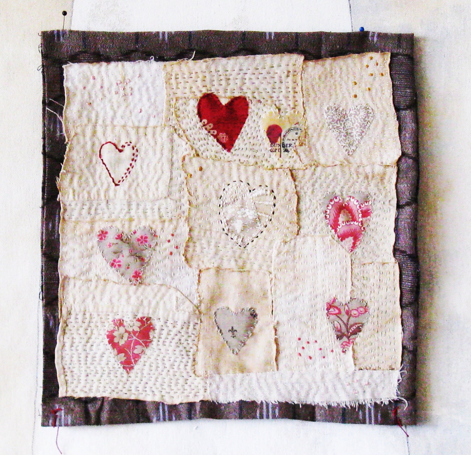 Art quilt, patchwork, embroidered, stitched cloth, Hearts