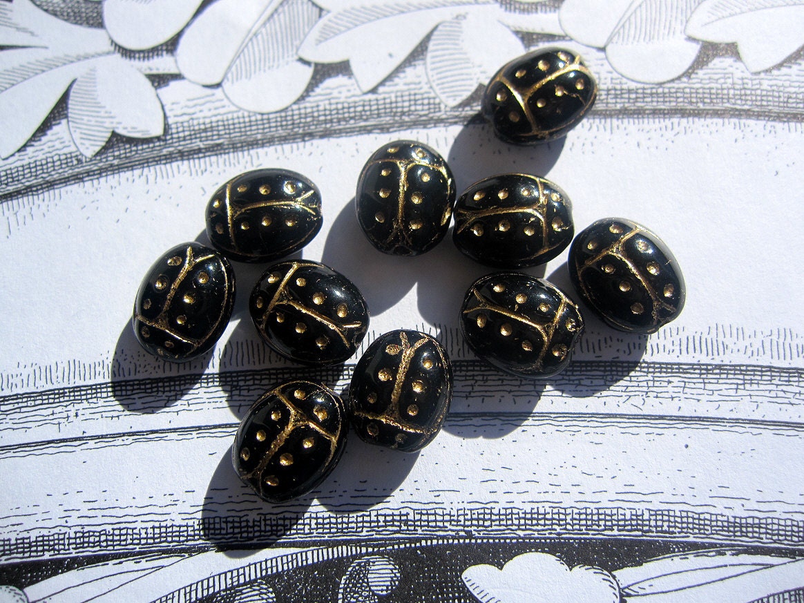 Black and Gold Glass SCARAB Beads Ancient Egyptian jewelry SET of TEN