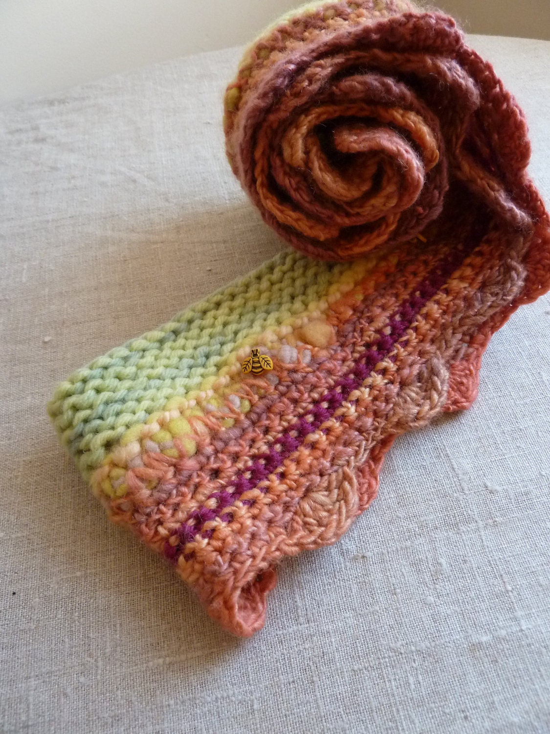 Scarf made from handspun art yarn, bee garden