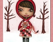 African American Little Red Riding Hood And Fox Art Print. Fairy Tale Wall Art For Little Girls Room. Cute Pink And Red Girls Room Decor.