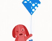 Puppy Dog With Kite Children's Art Print In Red And Blue With Color Options Cute Decor For Baby Nursery, Playroom Little Girl Or Boy's Room