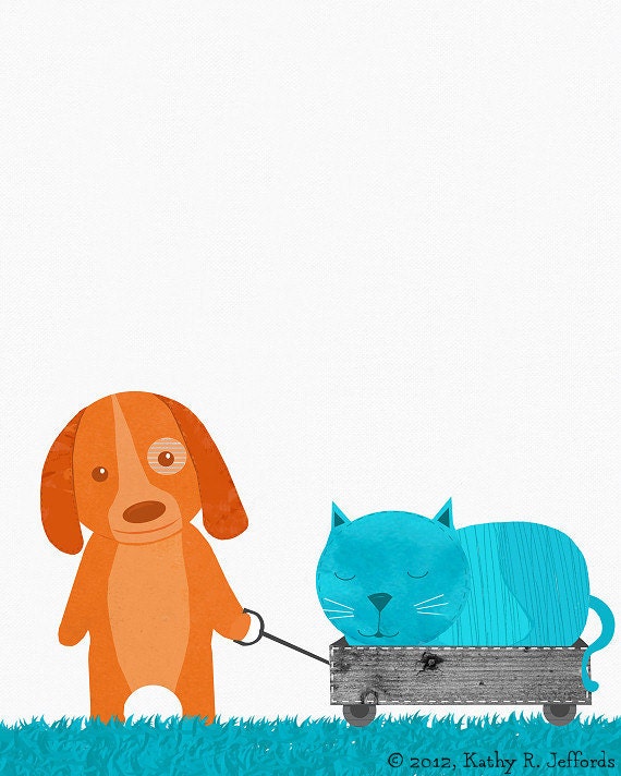 Dog Pulling A Cat In A Wagon Nursery Art Print, Whimsical Animal Art, Children's Wall Art With Color Options, Colorful Kid And Baby Decor
