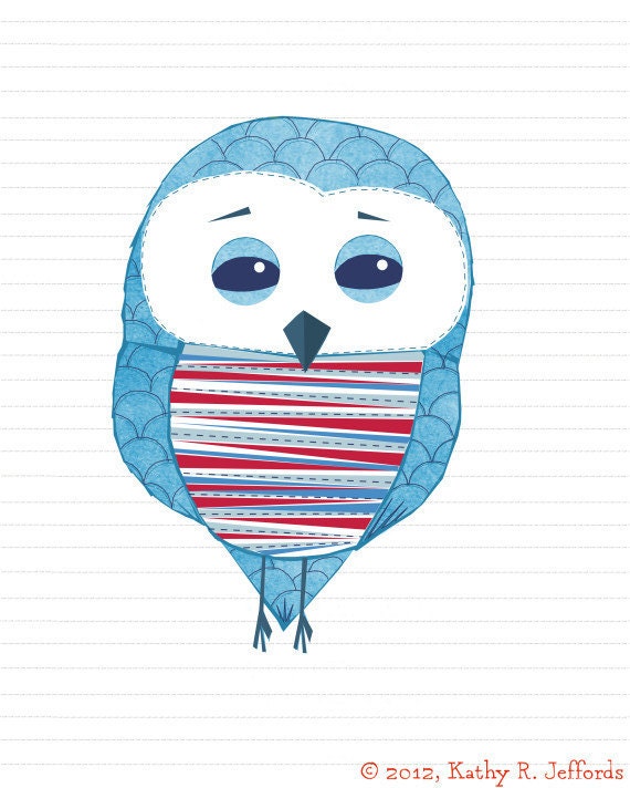 Patterson The Red Blue And White Owl Art Print- A Cute Owl Illustration, Nursery Art, Nursery Decor, Little Boys Room, Children's Room