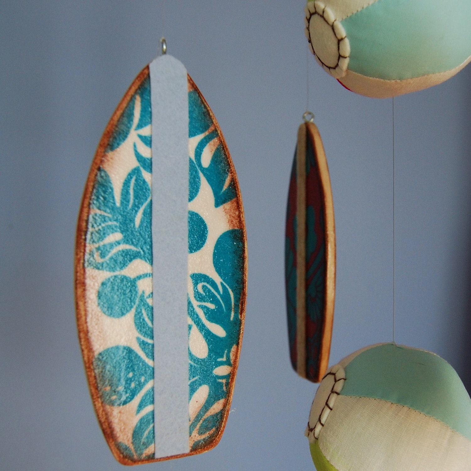 Baby Mobile Surfboards - Beach Time Mobile with Plush Beach Balls -Wood Mobiles for a Beach Themed Nursery