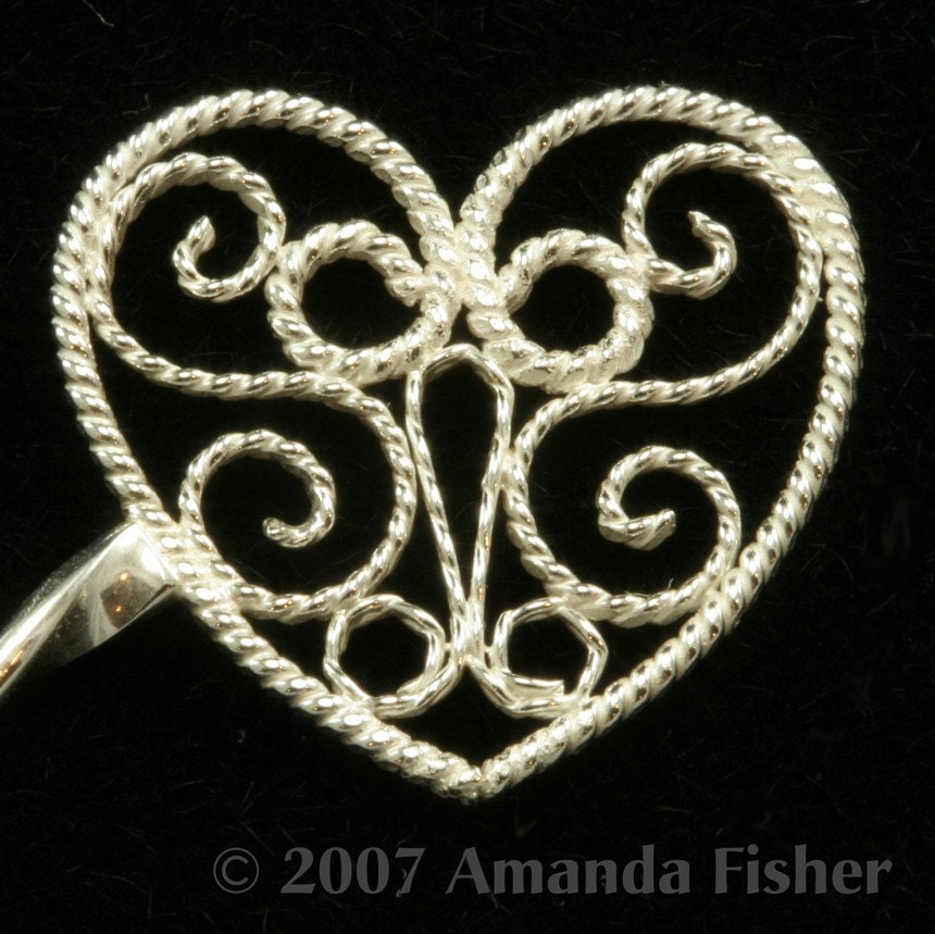 Sterling Filigree Heart Hairstick- handmade