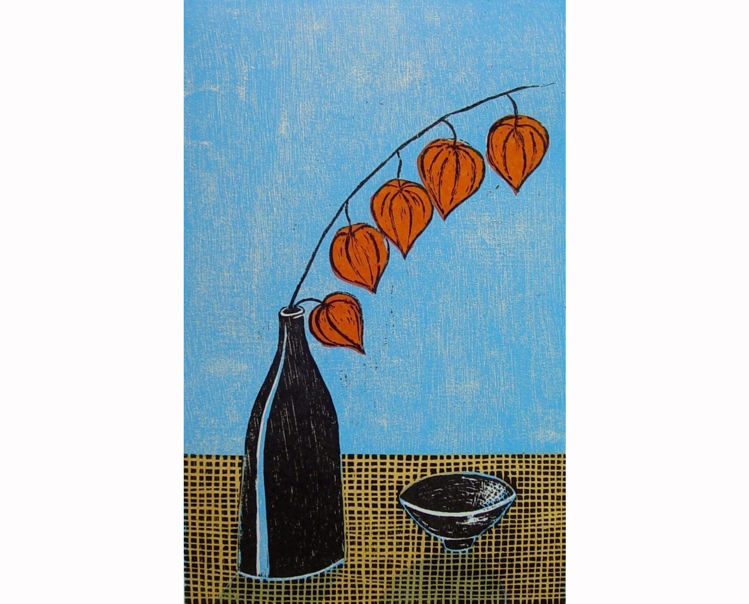 gifts (original woodblock print) still life vase lantern plant