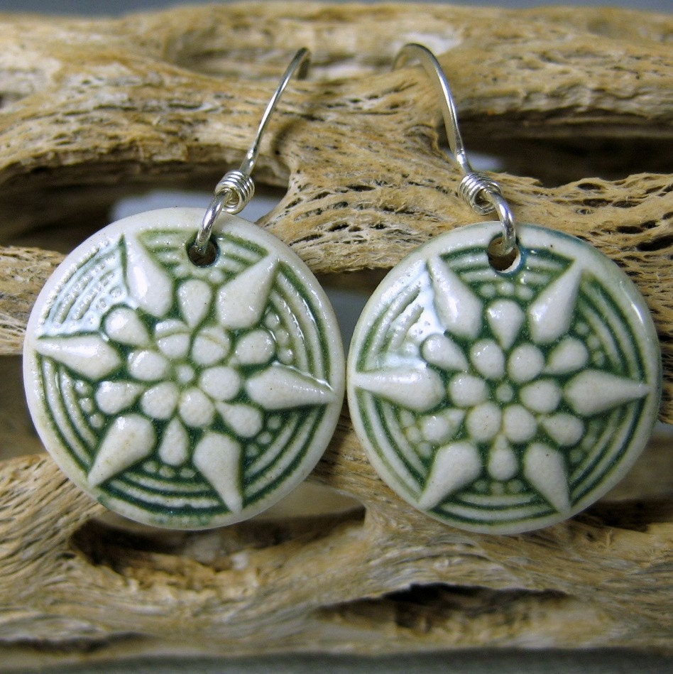 Green Porcelain Starburst Earrings With Sterling Silver Earwires