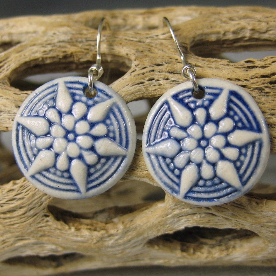 Navy Blue Porcelain Starburst Earrings With Sterling Silver Earwires