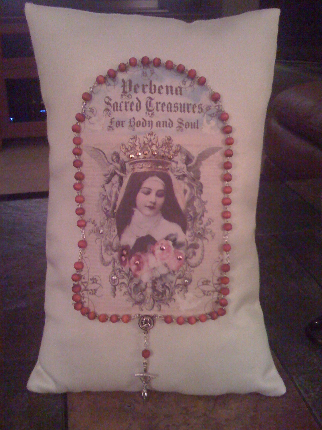 Ivory Pillow Embellished with Rose Petal Rosary and Vintage Saint Theresa Image