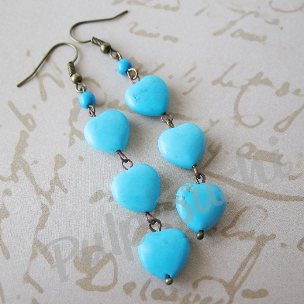 Turquoise Heart Dangle Earrings - Light Blue - Beach Beauty - Gifts Under 15.00 - pulpsushi
