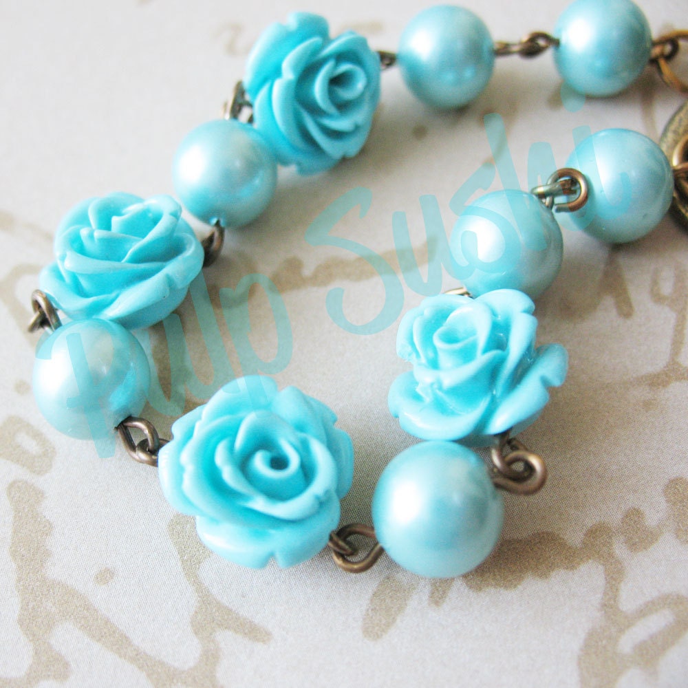 Soft Blue Flower Rose Beaded Bracelet - Wonderland Dream - Wedding Bridesmaid