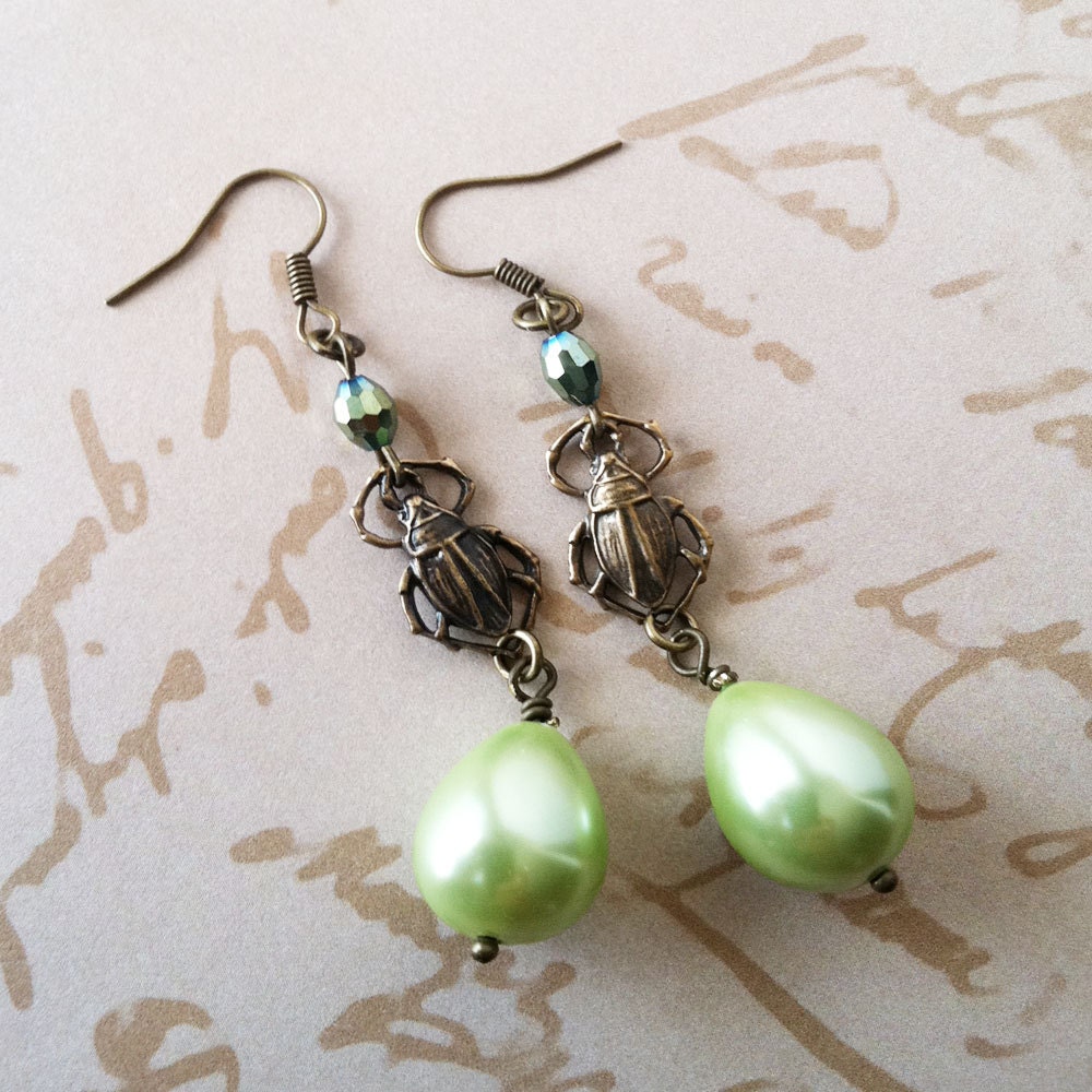 Green Pearl Dangle Earrings - Darling Scarab - Egyptian - Bug Earrings