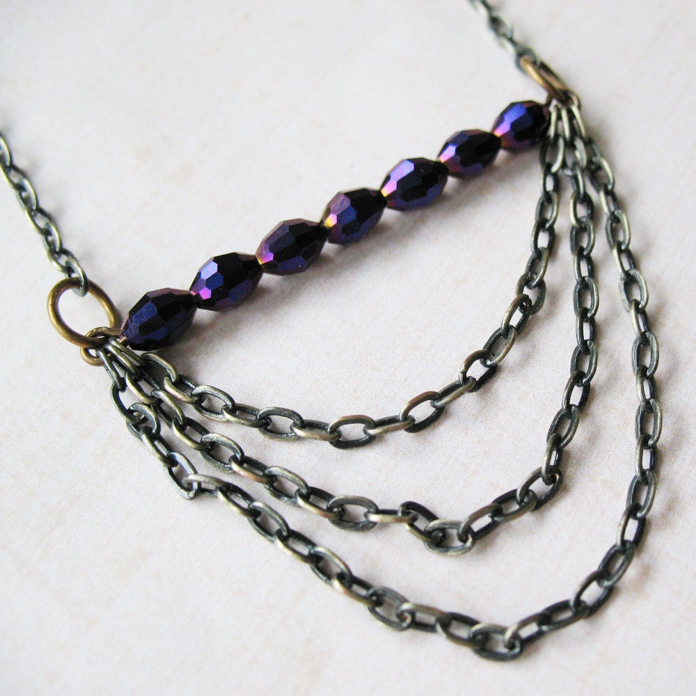 Royal Purple Czech Bead and Multi-Strand Chain Necklace