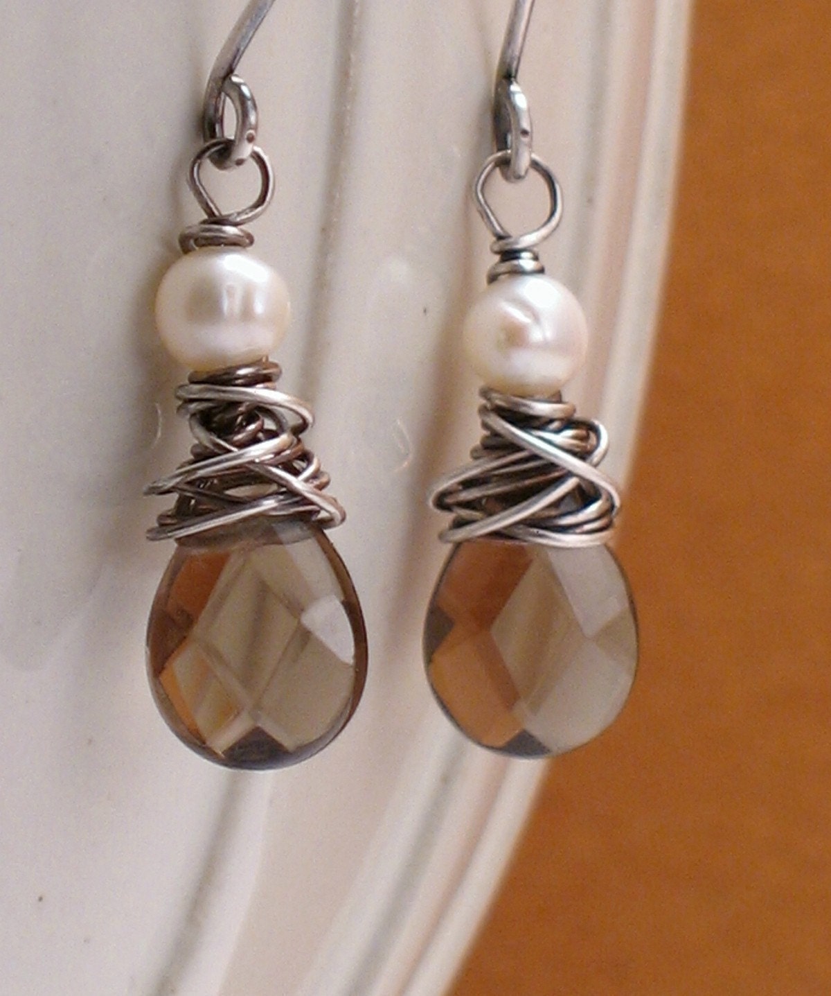 Sarah - Pearl and Smokey Quartz Earrings on Oxidized Sterling Silver