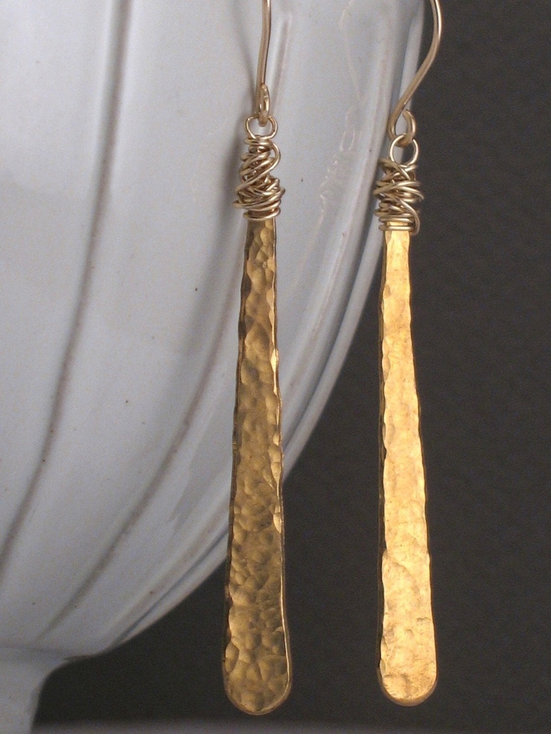 Thora - Long Hammered Brass Earrings with 14k Goldfill