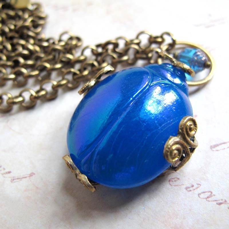 Mystical Blue Glass Scarab Beetle Necklace