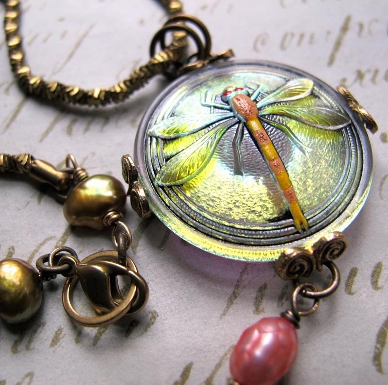 Lime Green Dragonfly Glass Button Necklace