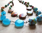 Faux Calsillica Striped Bead Double Necklace Turquoise Glass Beads