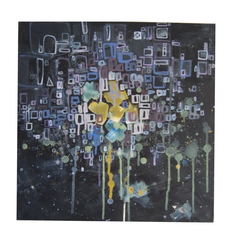 20x20 Painting Original Artwork Modern Art Abstract City Urban Graffiti Black Blocks Geometric Space Pastels Light Blues Purples DripsCanvas