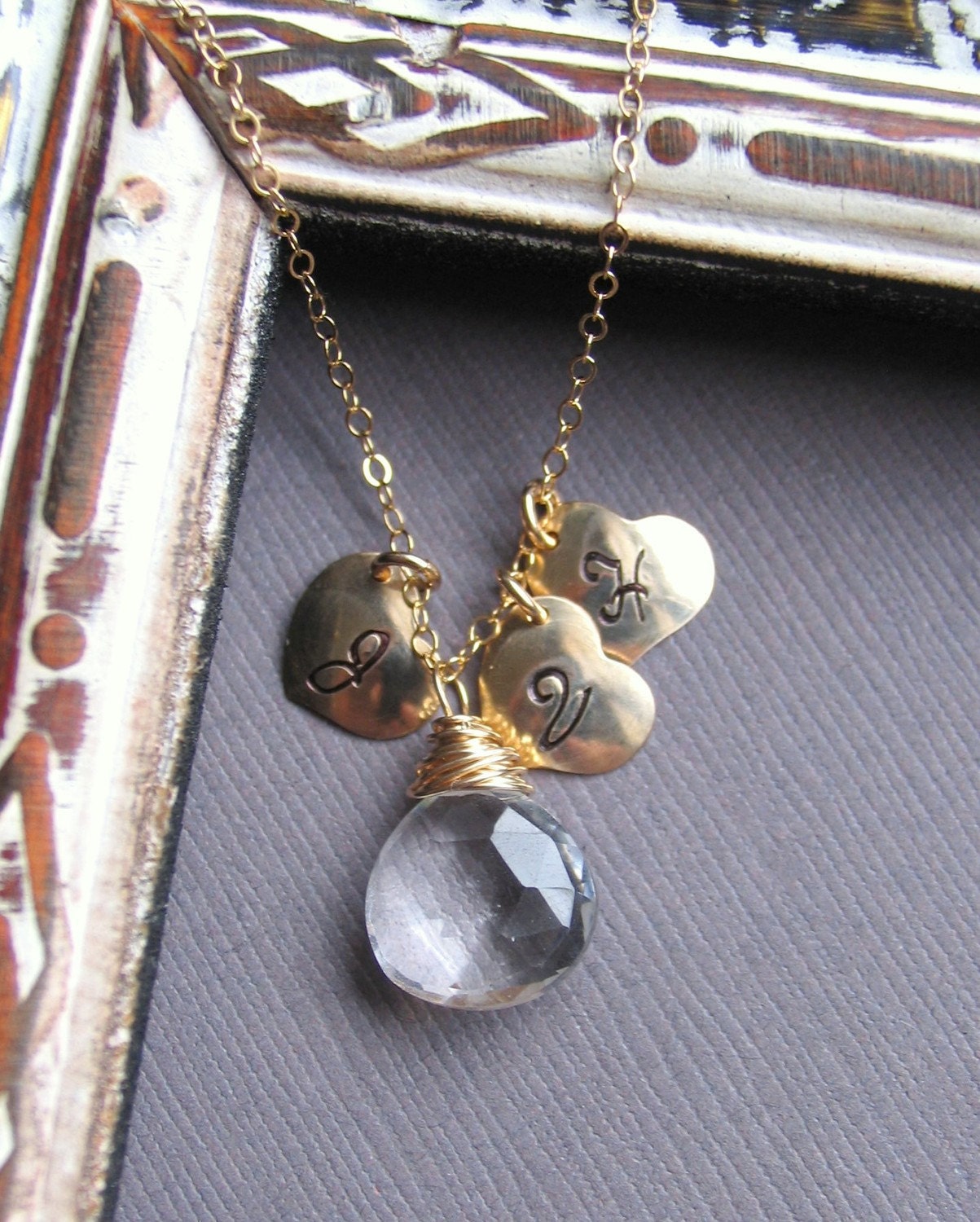 Mom Necklace, Mother's Necklace, Three Hearts Necklace with choice of Stone, Custom Initials on Gold Fill, Personalized Necklace, Birthstone