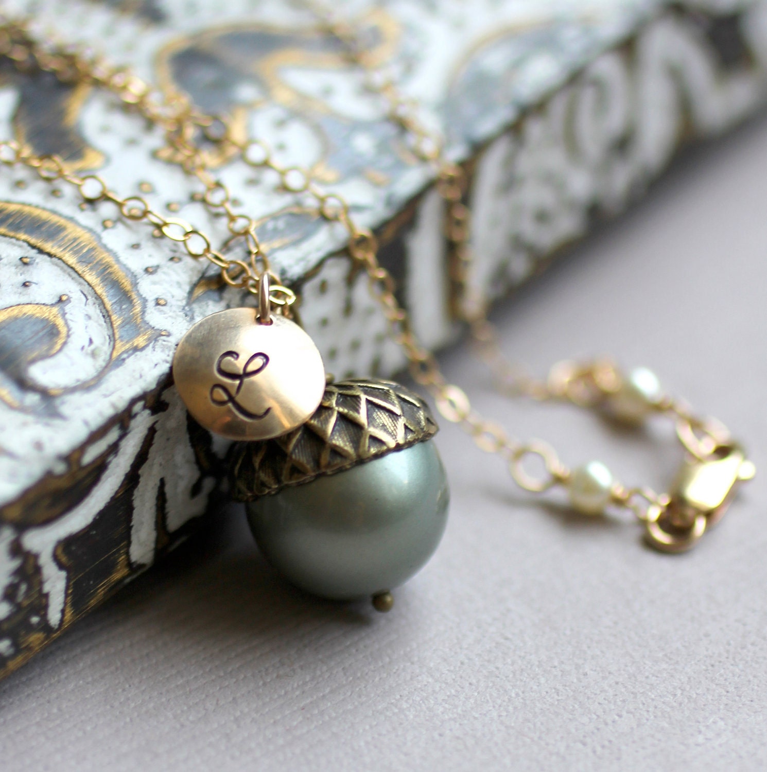 Acorn Necklace, Pearl Acorn Pendant, Gold Initial Necklace, Personalized, Custom Color on 14k gold fill chain, Autumn Jewelry, Fall Wedding
