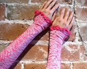 Hot Pink Zebra Arm Warmers Opera Gauntlet Sleeves Pink White Lolita Tiger stripes - Neon Raver Psytrance Harajuku armwarmers