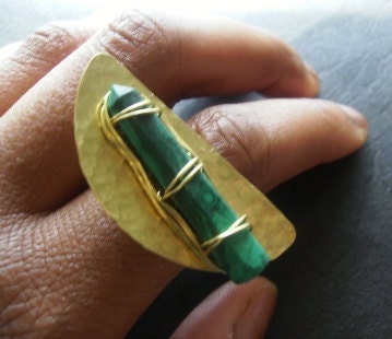 Malachite and Hammered Brass Ring - Adjustable OOAK