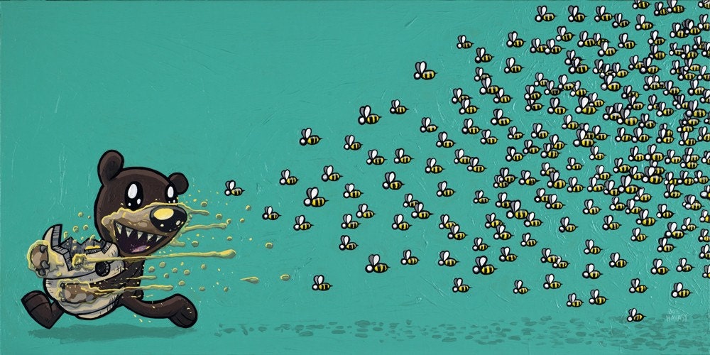Bear Chased By Bees Print 7x14 inches