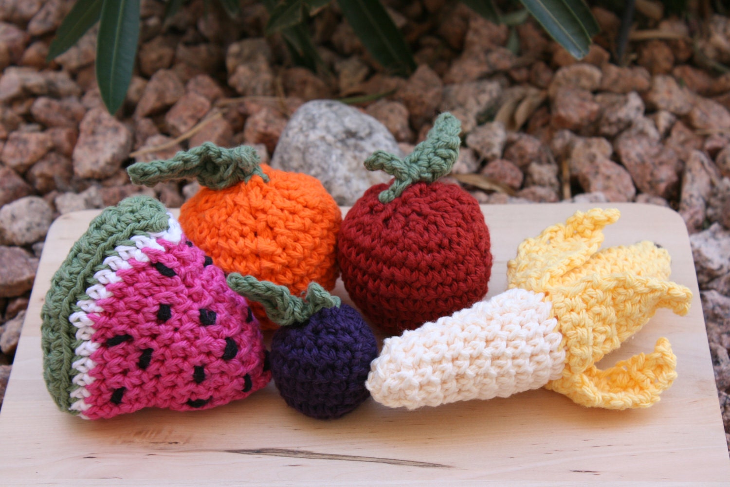 Cotton Play Food-- Fruit -- Classic Set -- Peeling Banana, Apple, Orange, Plum, Slice of Baby Watermelon