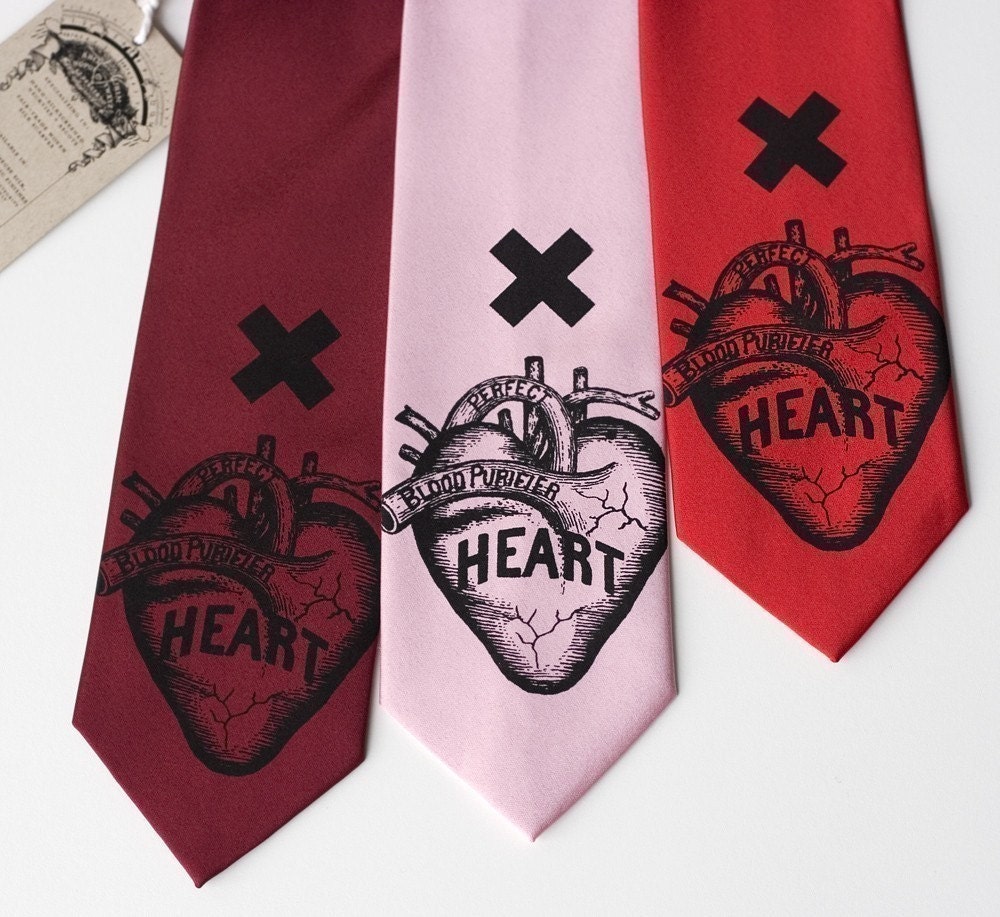 Anatomical heart, "Heart Attack"  screenprinted necktie. Choose pink, red or burgundy tie in standard or narrow width. Black ink.