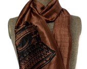 Cinnamon silkscreened woven silk scarf, "Vintage Typewriter." Fair trade.