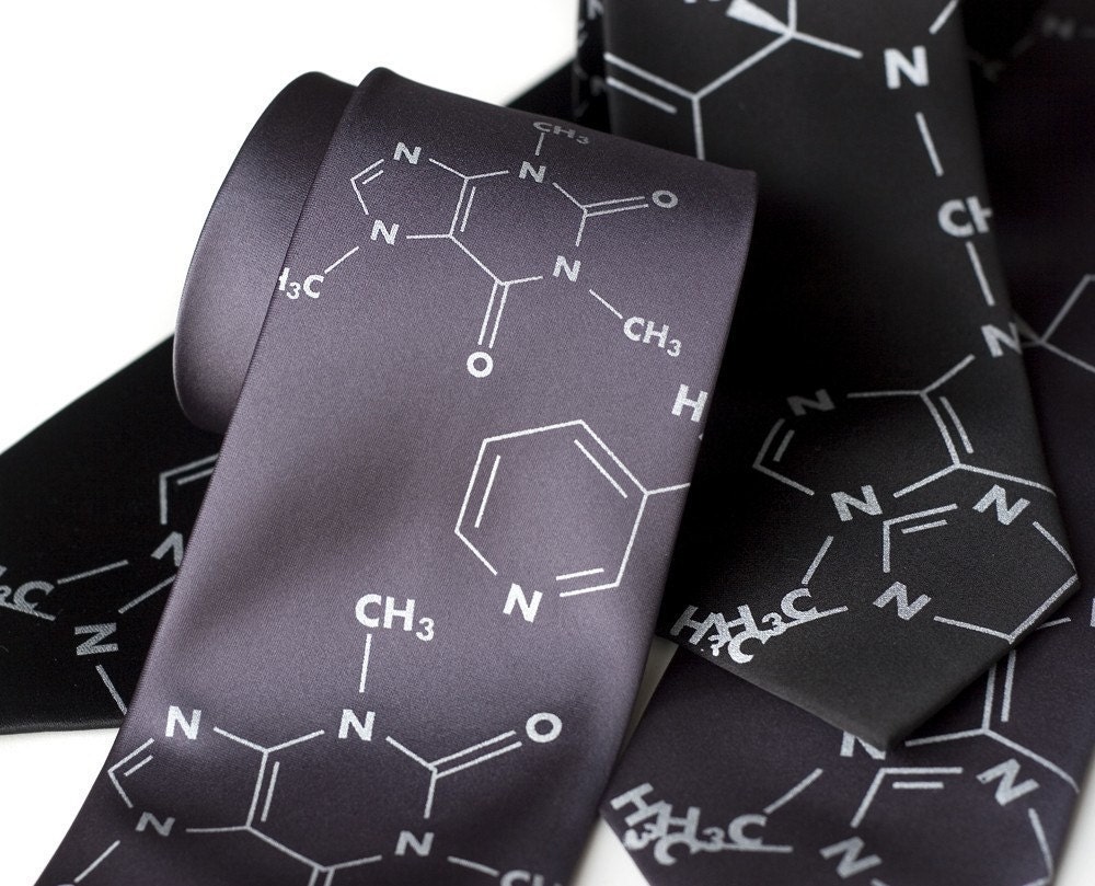 Addictive Molecules silk necktie. "Coffee and Cigarettes" screenprinted mens tie. (Caffeine and Nicotine molecule tie). Silver print.