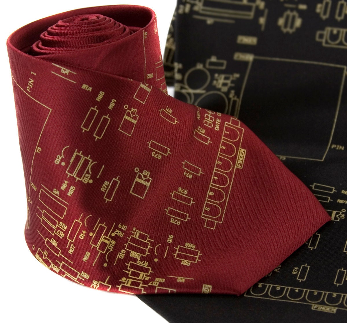 Circuit board necktie, "Resistor" silkscreen design. Men's tie with gold print. Choose standard, narrow, skinny or XL.