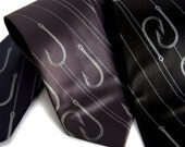 Angler's fishing necktie, "Playing Hooky." Dove gray silkscreen design. Choose standard or narrow microfiber tie.